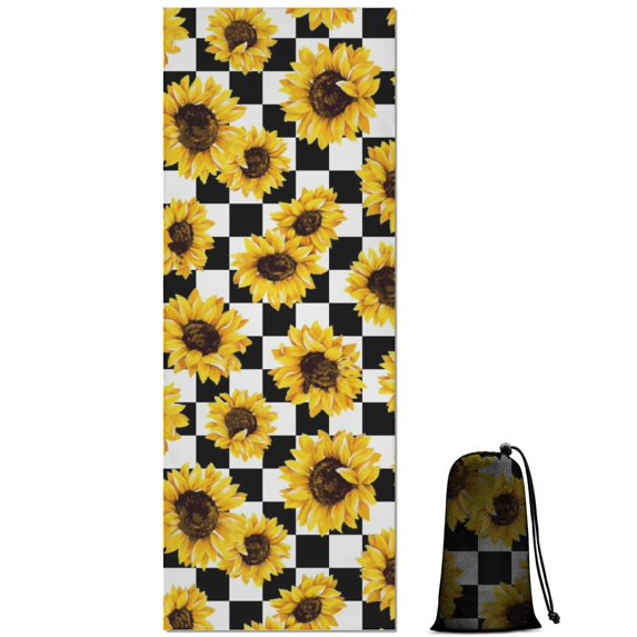 Checkerboard Sunflower Pattern Hot Yoga Mat Towel Non Slip for Hot Yoga - Quick-Drying Yoga Mat Cover with 4 Corner Pockets with Travel Bag - Hot Yoga Towel Non Slip 70"x26"