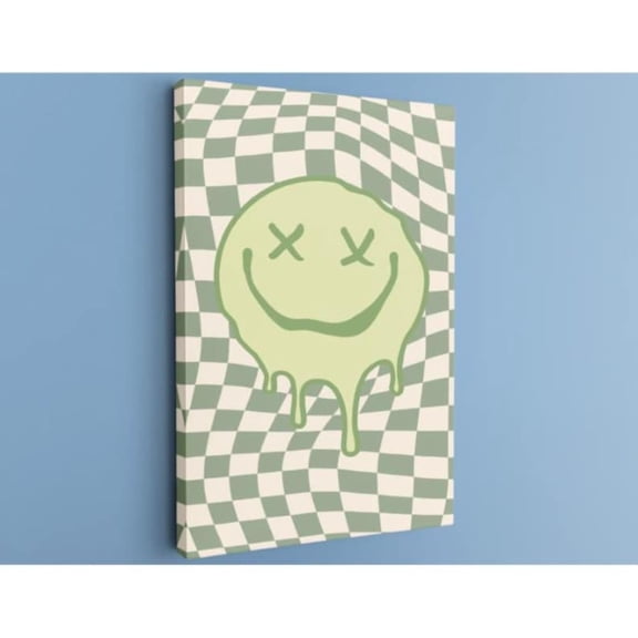 Checkerboard Wall Art, Drippy Smile Face Canvas Print, Sage Green Retro Decor, Inspired Poster, Funky Dorm Room Art