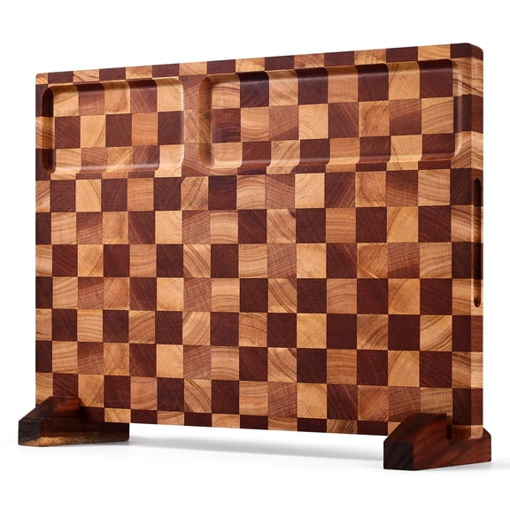 Checkerboard Wood Butcher Block Serving and Chopping Board with Stand