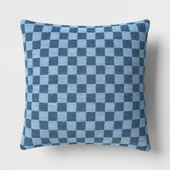 Checkerboard Woven Cotton Square Throw Pillow Blue