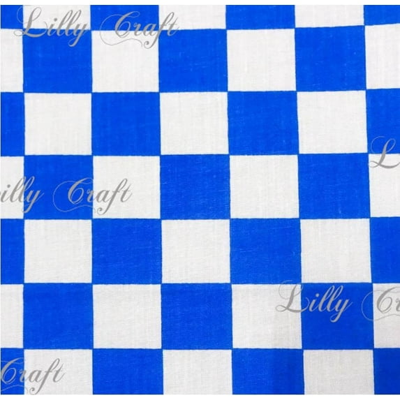 Checkered 1" Royal Blue White Poly Cotton Fabric - Sold By The Yard - 58" / 60"