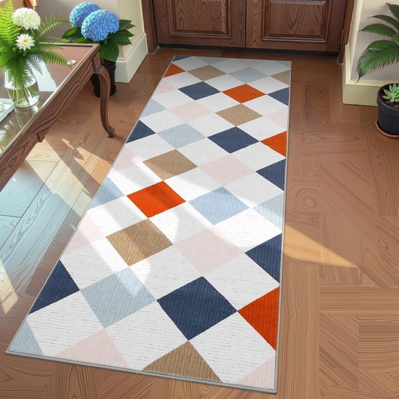 Checkered 2x6 Kitchen Rugs, Washable Non Slip Rug Runner for Hallway Modern Diamond Print Laundry Rug Ultra Thin Stain Resistant Throw Carpet for Bathroom Entryway, Colorful