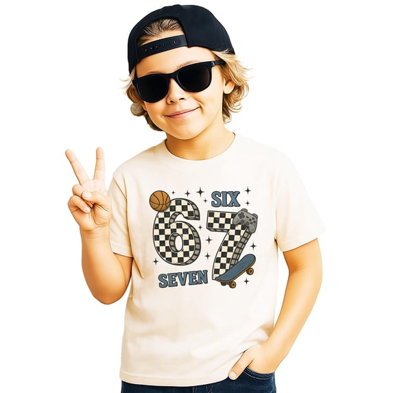 Checkered 6 7 Basketball, Skateboard & Gaming Shirt for Boys Funny Meme Graphic Tee for Kids Natural Shirt 5-6