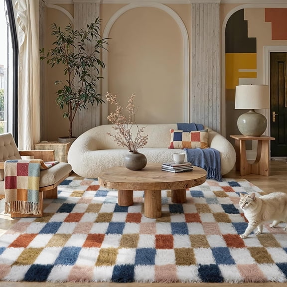 Checkered 6 ft x 9 ft Rainbow Shag Area Rug Non-Slip Plush Indoor Carpet