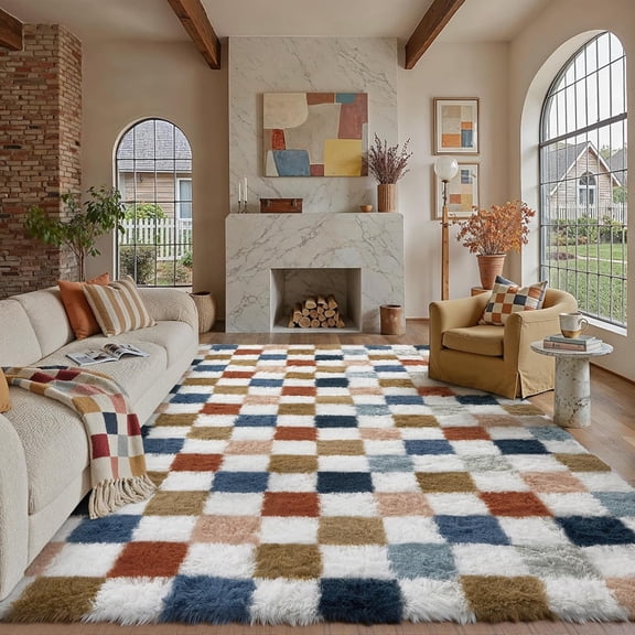Checkered 8 ft x 10 ft Rainbow Shag Area Rug Non-Slip Plush Indoor Fuzzy Carpet
