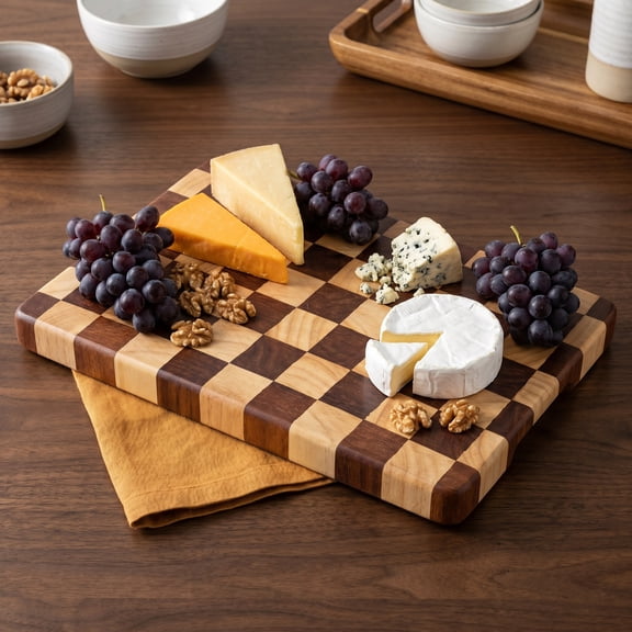 Checkered Acacia Wood Cutting Board , Large Butcher Block Chopping Board & Serving Tray, Gift Ready Wooden Board for Kitchen & Charcuterie