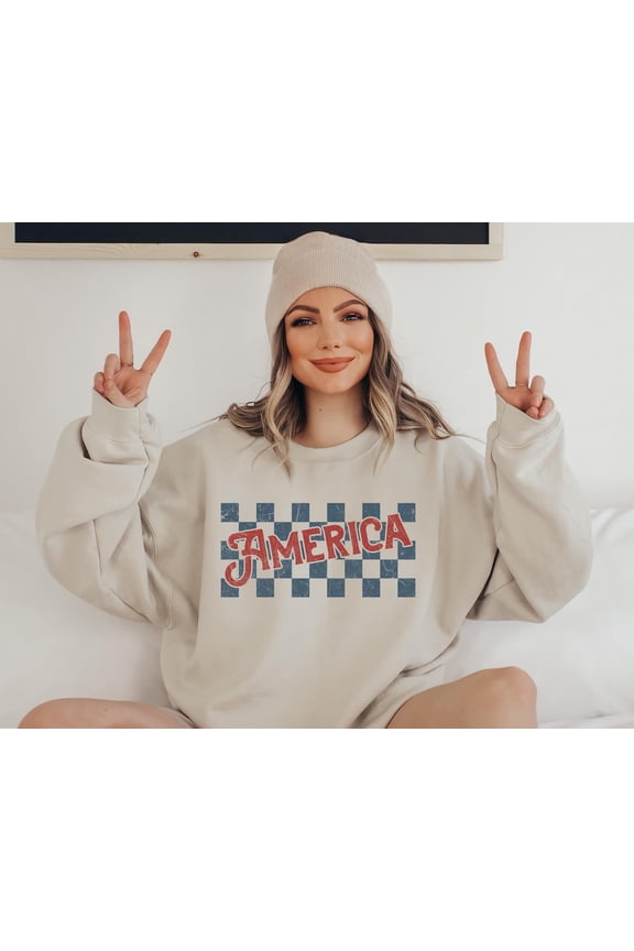 Checkered America 4th of July Patriotic USA Independence Day Sweatshirt All Size S-5Xl