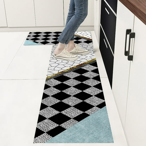 Checkered Anti-Fatigue Kitchen Mat Set 2 Piece Waterproof Cushioned Runner Washable Floor Rug Multicolor