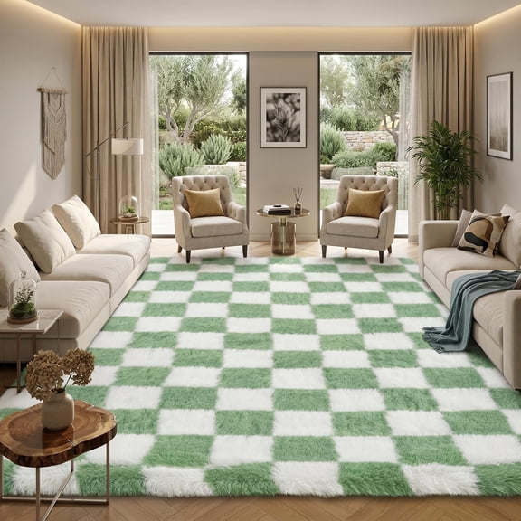 Checkered Area Rug 10x13 Large Rug Thick Super Soft Shaggy Rugs Fluffy Carpet Fluffy Fuzzy Shag Washable Rugs for Living Room Nursery Bedroom Luxury Playroom Teen Plush Carpets,Green White