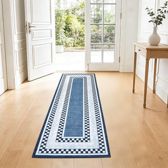 Checkered Area Rug 2x6, No Slip Washable Rug, Modern Bedroom Rug Under Bed Ultra Carpet, Low-Pile Rugs for Living Room Bedroom Dining Room, Blue