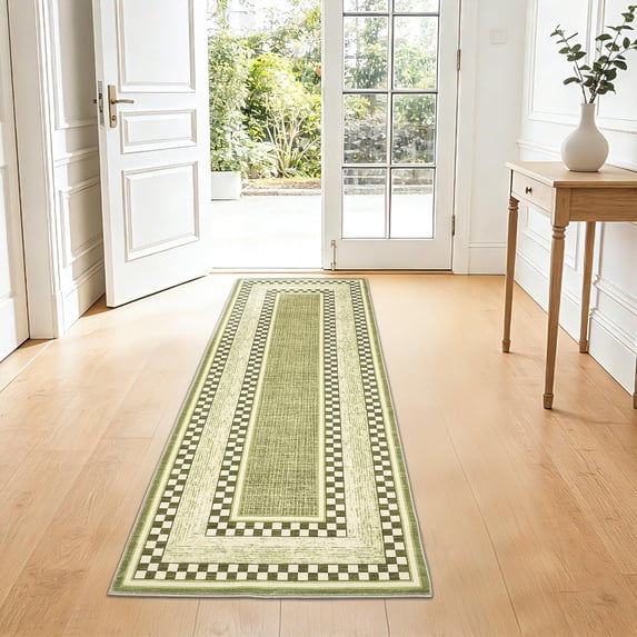 Checkered Area Rug 2x6, No Slip Washable Rug, Modern Bedroom Rug Under Bed Ultra Carpet, Low-Pile Rugs for Living Room Bedroom Dining Room, Green