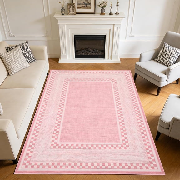 Checkered Area Rug 2x6, No Slip Washable Rug, Modern Bedroom Rug Under Bed Ultra Carpet, Low-Pile Rugs for Living Room Bedroom Dining Room, Pink
