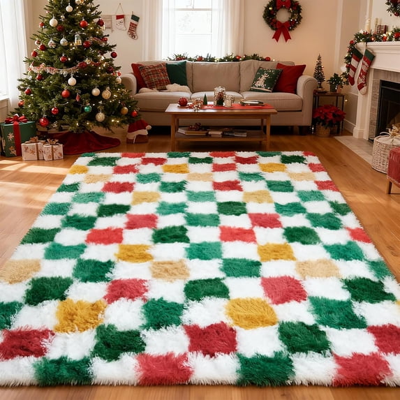 Checkered Area Rug 4x6 for Bedroom Living Room, Christmas Shag Rug Fuzzy Shaggy Bedside Carpet, Indoor Plush Floor Rugs for Kids Boys Girls Room Holiday Home Decor