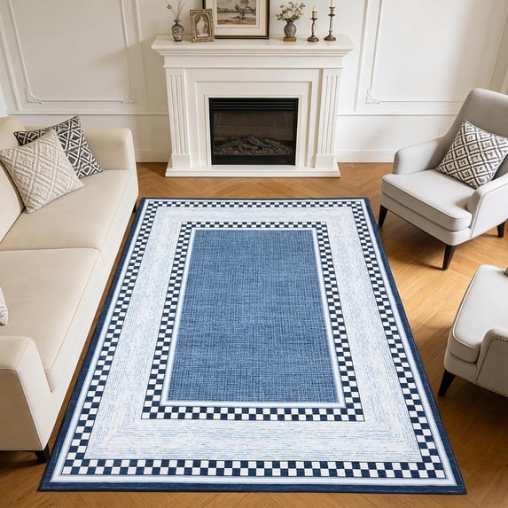 Checkered Area Rug 6x9, No Slip Washable Rug, Modern Bedroom Rug Under Bed Ultra Carpet, Low-Pile Rugs for Living Room Bedroom Dining Room, Blue