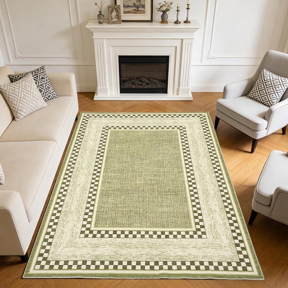 Checkered Area Rug 6x9, No Slip Washable Rug, Modern Bedroom Rug Under Bed Ultra Carpet, Low-Pile Rugs for Living Room Bedroom Dining Room, Green