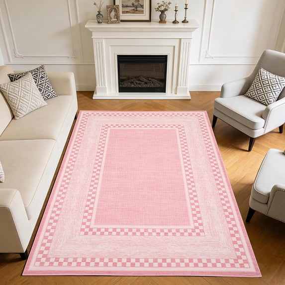 Checkered Area Rug 6x9, No Slip Washable Rug, Modern Bedroom Rug Under Bed Ultra Carpet, Low-Pile Rugs for Living Room Bedroom Dining Room, Pink