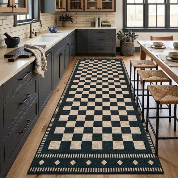 Checkered Area Rug Non Slip TPR Backing Machine Washable Low Pile Soft Non Shedding Stain Resistant Neutral Geometric Carpet for Living Room Bedroom Dining Office