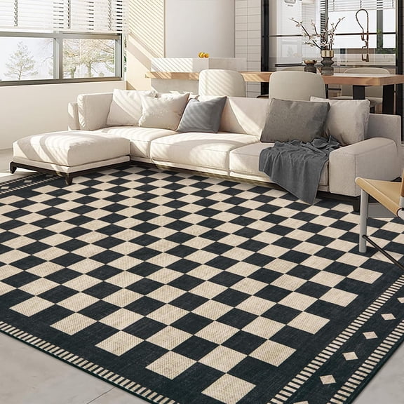 Checkered Area Rug Non Slip TPR Backing Machine Washable Low Pile Soft Non Shedding Stain Resistant Neutral Geometric Carpet for Living Room Bedroom Dining Office