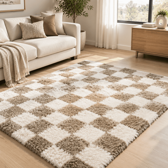 Checkered Area Rugs For Living Room 8x10 Fbeige And White Rug Fuzzy ...