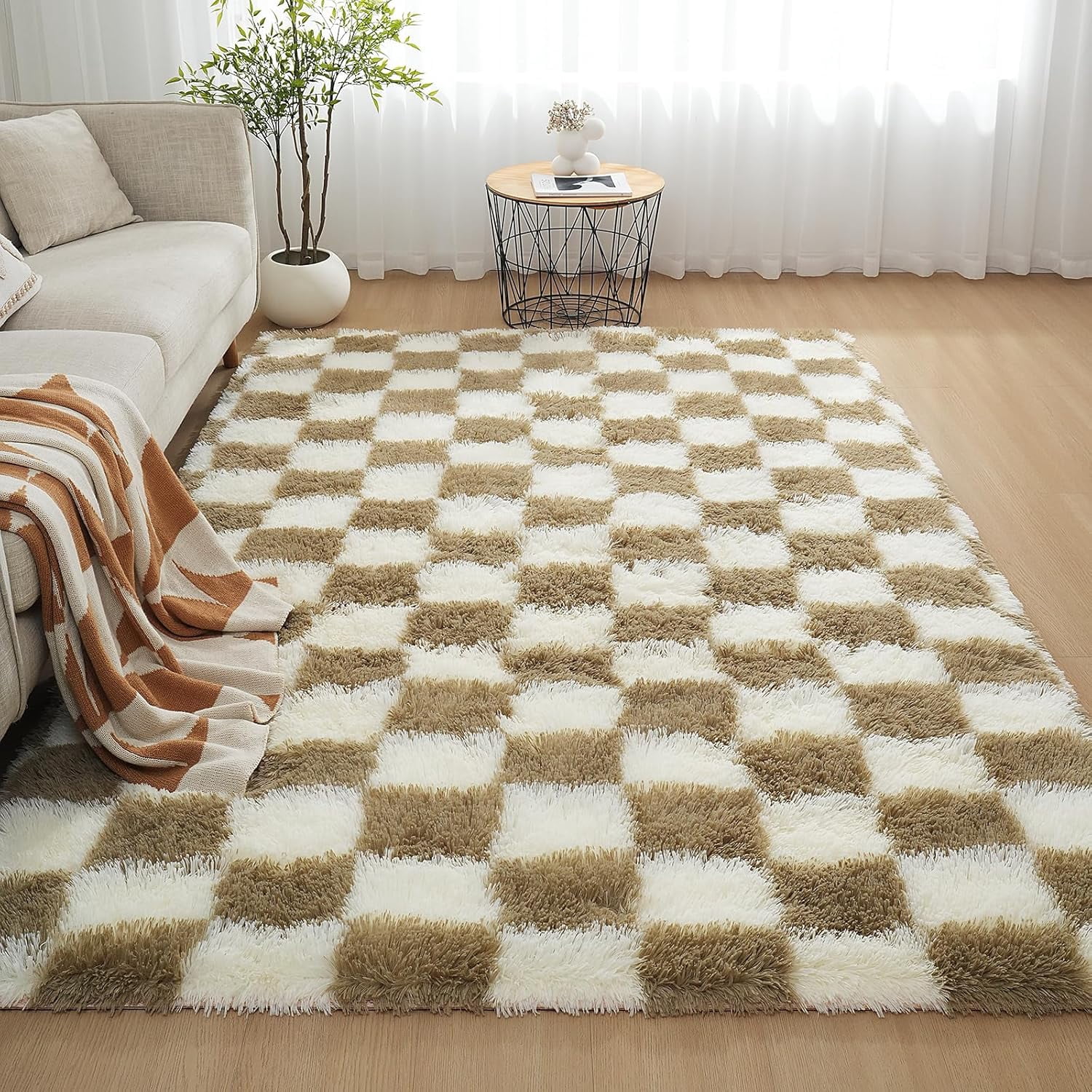 Checkered Area Rugs for Living Room 8x10, Fluffy Beige and White ...