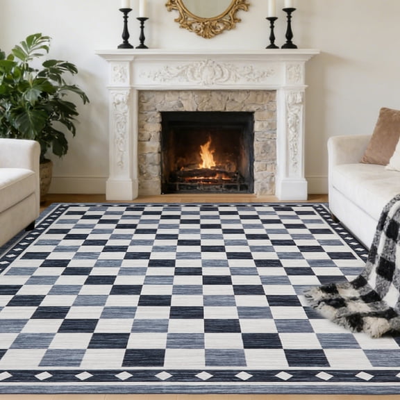 Checkered Area Rugs for Living Room Machine Washable Large Rug Non-Slip Stain Resistant Low Pile Accent Indoor Throw Carpet for Bedroom Dining Room