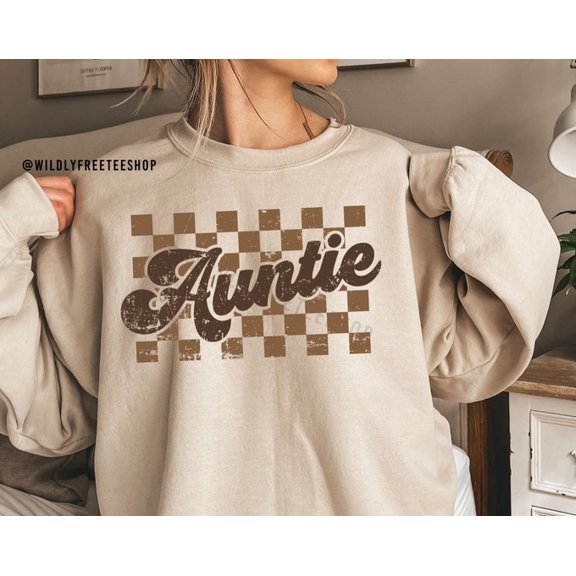 Checkered Auntie Sweatshirt, Retro Aunt Shirt, New Aunt Gift, Sweatshirt Size S-5Xl
