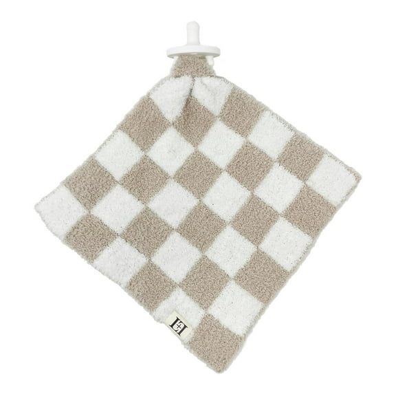 Checkered Baby Lovey Pacifier Holder 10"x10" - Cuddly Soft Knitted Soothie Reversible Mini Comfort Blanket - Newborn Gift Essential for Babies Boys and Girls Tan/White