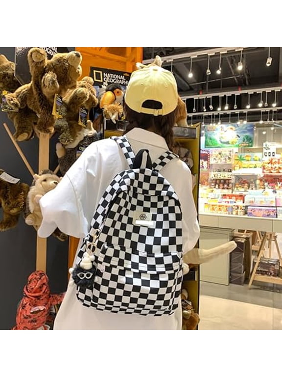 Checkered Backpack, Lightweight Casual Plaid School Backpack with Cute Pom‑pom Pendant, Fashion Daypack for School Travel Daily Use