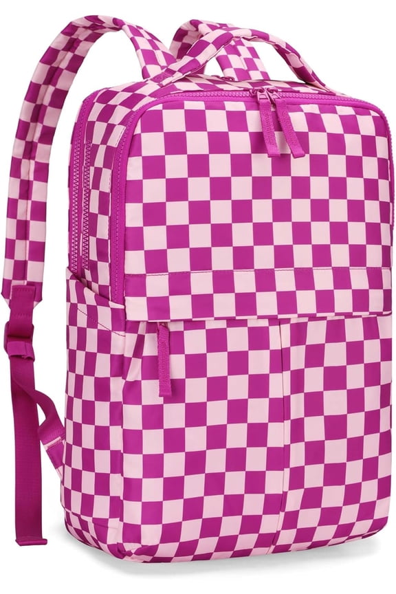 Checkered Backpack for Women Fashion Checker Laptop Backpack Plaid Travel Daypack with Multi Compartment(Rose Red Check)