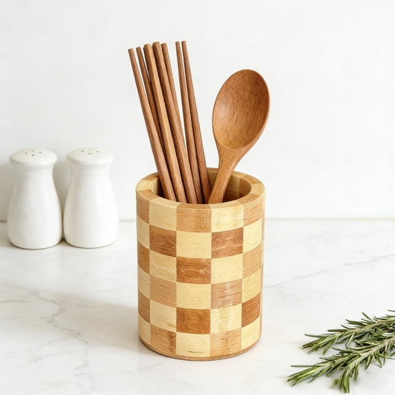 Checkered Bamboo Utensil Holder, Farmhouse Utensil Holders For Kitchen Counter, Bamboo Spoon Holder For Kitchen Decor, Flatware And Spatula Storage Organizer, For Countertop, Pantry And Bathroom