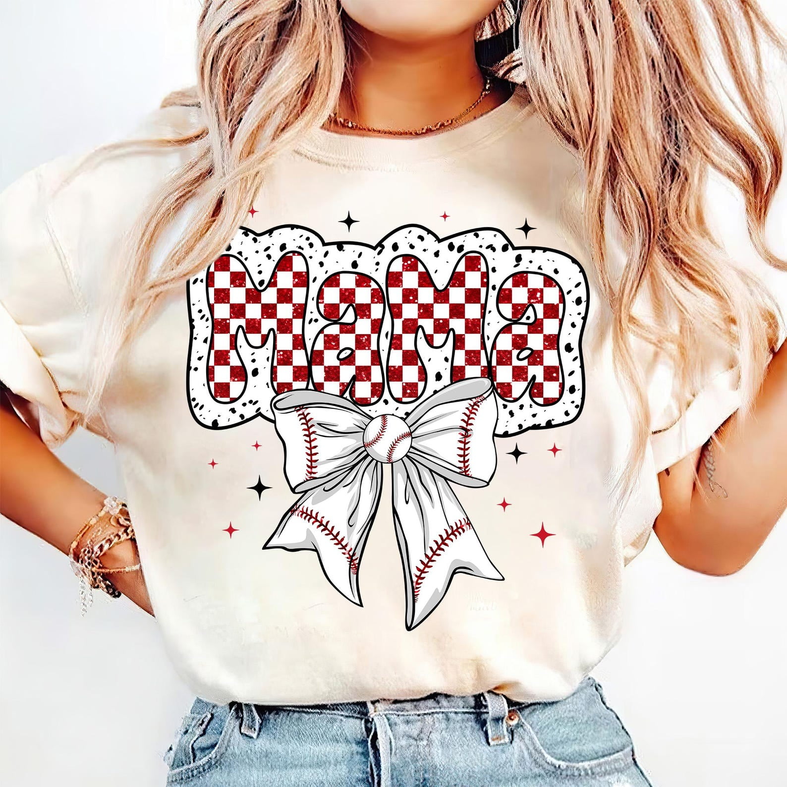 Checkered Baseball Mama T-Shirt, Coquette Baseball Shirt, Game Day Baseball Tee, Baseball Bow Shirt, Dalmatian Dots Baseball Tee, Baseball Team Spirit Shirt