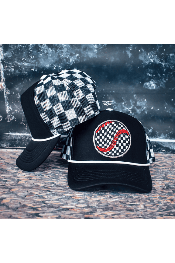 Checkered Baseball Printed Mesh Trucker Cap (Orange/WhiteCheckered)