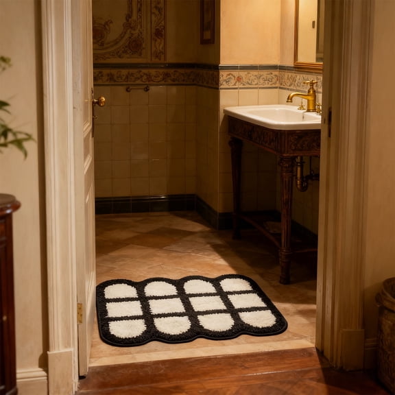 Checkered Bath Mat 20x32 Inch, Super Absorbent Plush Bathroom Rug with Non-Slip Backing, Black White Checkered Floor Mat for Bathroom, Bedroom