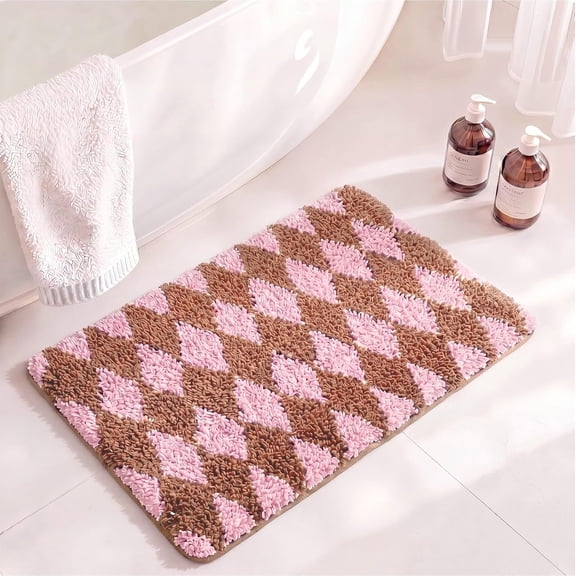 Checkered Bath Mat 24x16 Inch Cute Tufted Bathroom Rug Soft Absorbent Non-Slip Washable Microfiber for Tub Shower Apartment Dorm Decor(Caramel and )
