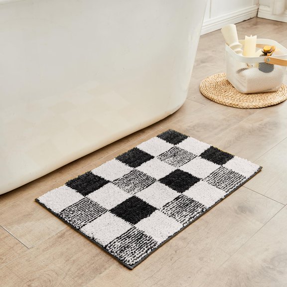 Checkered Bath Mat Non Slip Washable Rug | For Bathroom Non Slip, Fluffy Absorbent Microfiber Bath Mats Machine Wash, Stylish Cute Aesthetic Bathroom Rugs