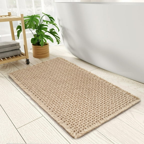 Checkered Bath Mat, Super Absorbent Non Slip Bath Mats for Bathroom Floor 3D Woven Bathroom Mat with Tassels Machine Washable Bathroom Rugs Beside Tub, 17" x 24", Brown