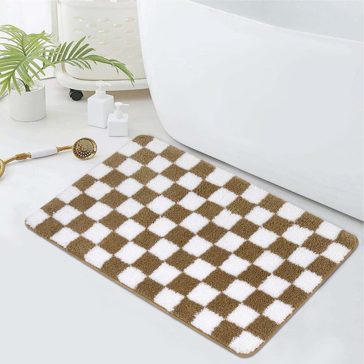 Checkered Bathroom Rugs, Khaki Non Slip Water Absorbent Bath Mat, Luxury Machine Washable Bath Rug Soft Microfiber Geometric Shag Floor Mats for Indoor Shower Bathtub Entryway, 16"x25"