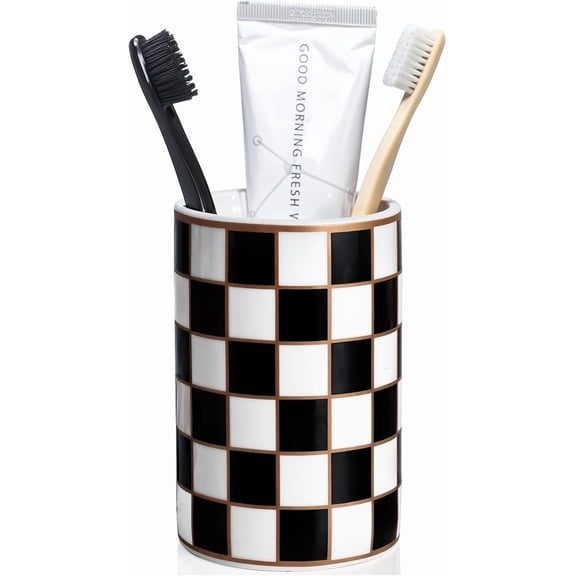 Checkered Bathroom Toothbrush Holder, Bathroom Black and White Ceramic Toothbrush Holder, Modern Toothbrush Box, Used for Bathroom countertop Storage Rack, Checkered Bathroom Decoration (Black)