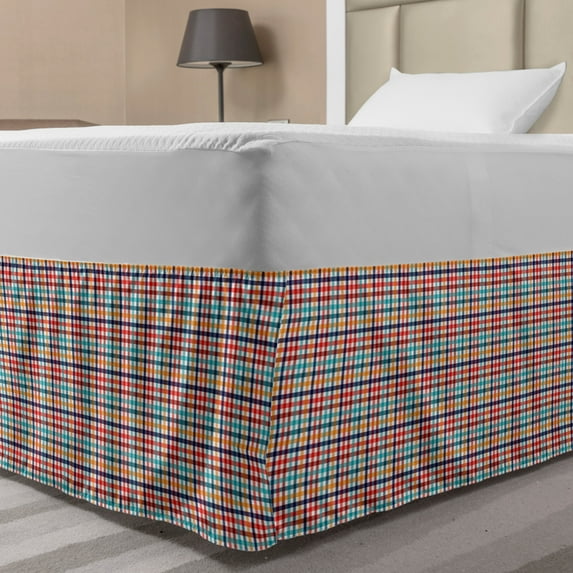 Checkered Bed Skirt, Colorful Fresh Summertime Pattern Design Gingham Plaid Striped Traditional Picnic, Elastic Bedskirt Dust Ruffle Wrap Around for Bedding Decor, 4 Sizes, Multicolor, by Ambesonne