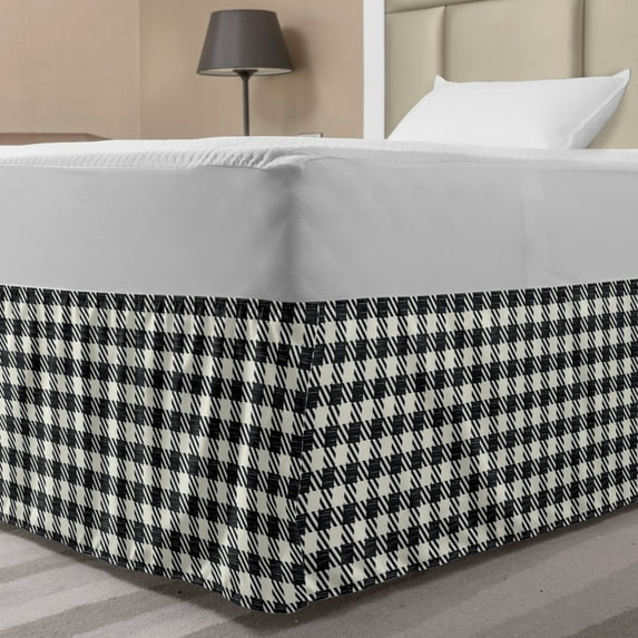 Checkered Bed Skirt, Diagonal Stripes Squares Monochrome Sketchy Geometric Grid Revival Tile, Elastic Bedskirt Dust Ruffle Wrap Around for Bedding Decor, 4 Sizes, White Charcoal Grey, by Ambesonne