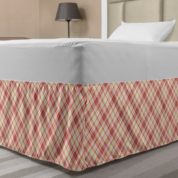 Checkered Bed Skirt, Geometrical Theme Tartan Ornaments Squares and Abstract Gingham Motifs, Elastic Bedskirt Dust Ruffle Wrap Around for Bedding Decor, 4 Sizes, Coral and Pale Yellow, by Ambesonne