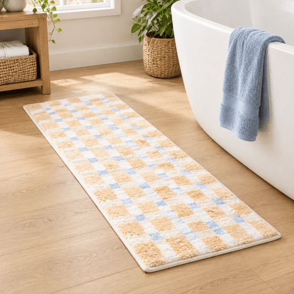 Checkered Beige 47" X 16" Soft Absorbent Long Bath Runner Rug