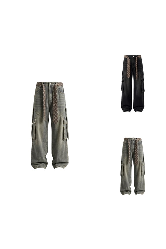 Checkered Belt Washed Denim Jeans, Classic Straight Leg, Casual Comfortable Durable Stretch Fabric, Y2K Mid Rise, Loose Motorcycle Wide-Leg Trousers