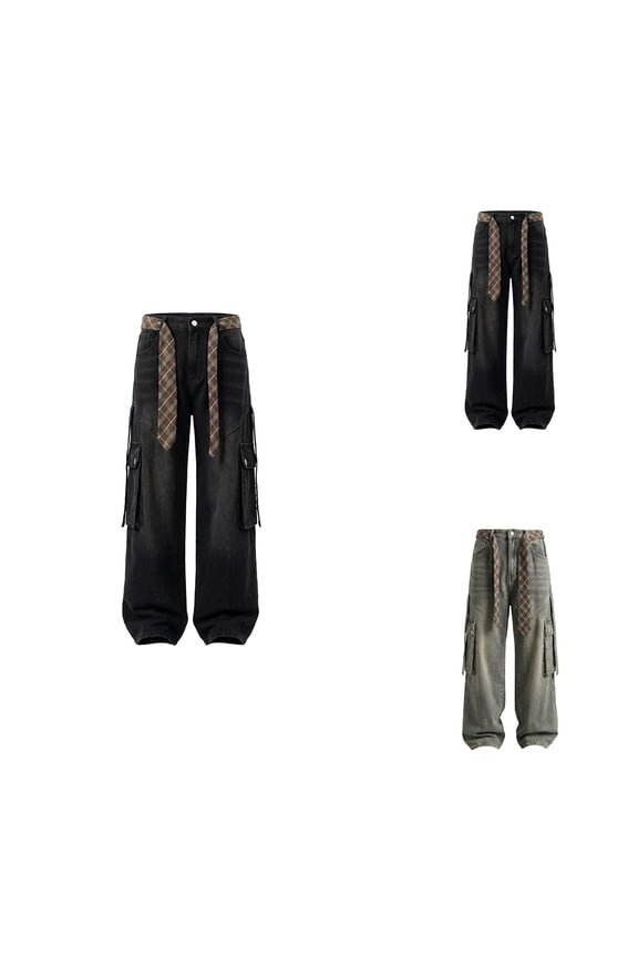 Checkered Belt Washed Denim Jeans, Classic Straight Leg, Casual Comfortable Durable Stretch Fabric, Y2K Mid Rise, Loose Motorcycle Wide-Leg Trousers