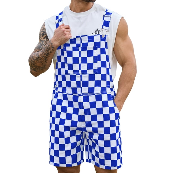 Checkered Bib Overalls for Men Jumpsuit Shorts Work Coveralls (Blue Checkered,L)