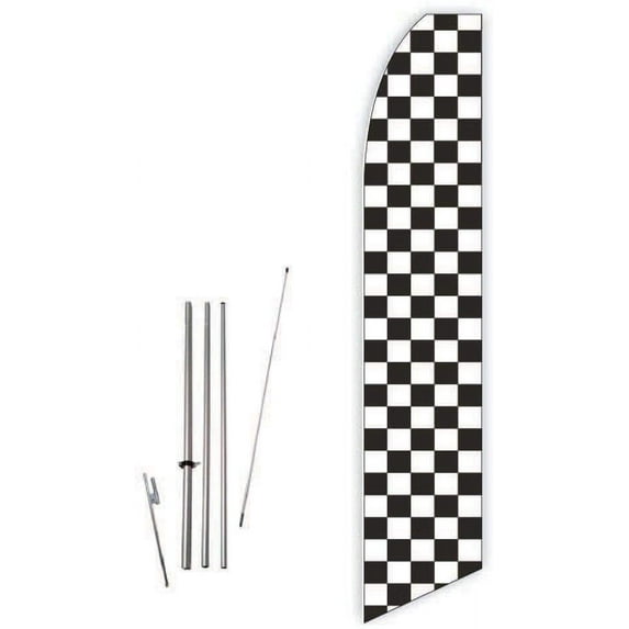 Checkered Black/White Super Novo Feather Flag - Complete with 15ft Pole Set and Ground Spike