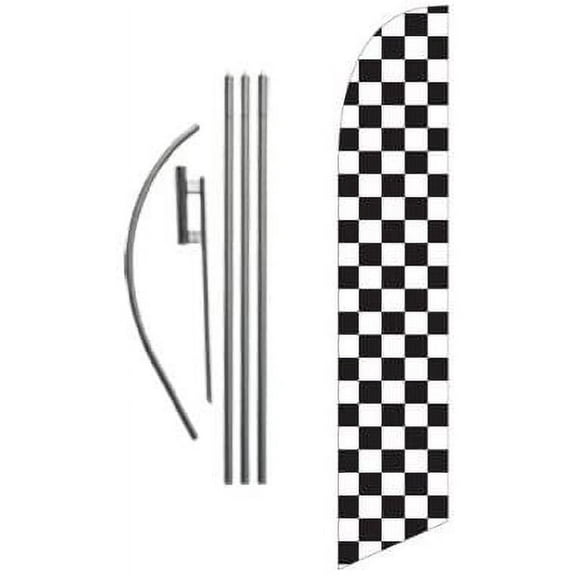 Checkered Black and White Advertising Feather Banner Swooper Flag Sign with Flag Pole Kit and Ground Stake