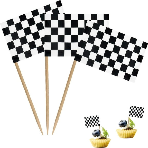 Checkered Black and White Racing Toothpick Flag Race Car Small Mini Cocktail Fruit Cupcakes Toppers Food Stick Flags Decorations,100 Pack