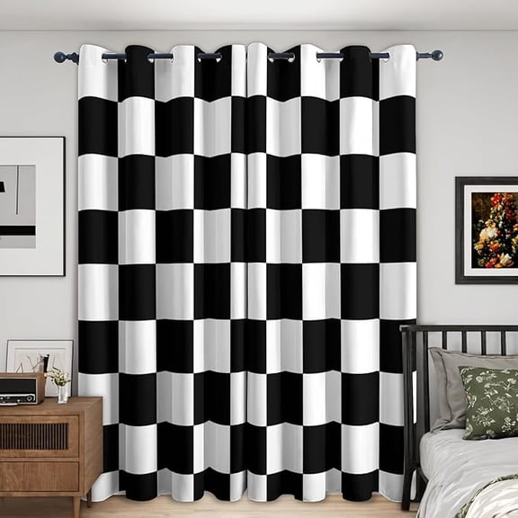 Checkered Blackout Curtains, Black and White Checkerboard Curtains for Bedroom Living Room - Geometric Decor Window Curtain, Grommet Drapes 26"W x 63"L (Pack of 2)