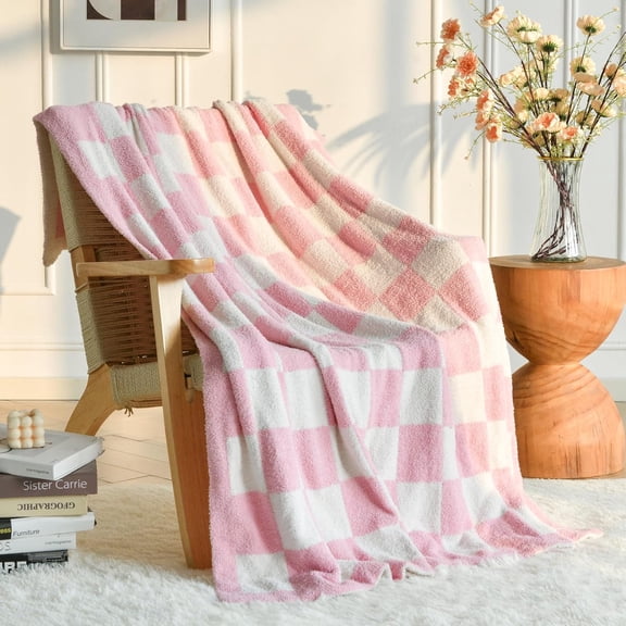 Checkered Blanket, Cozy Soft Checker Knitted Throw Fluffy Plaid Blanket for Couch, Lightweight Comfy Travel Picnic Blanket for Sofa Chair Bed (Pink, Twin 60"x80")
